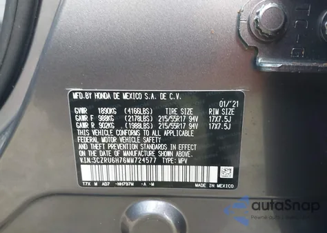 2021 Honda Hr-V Exl from USA, damaged, VIN 3CZRU6H76MM724577